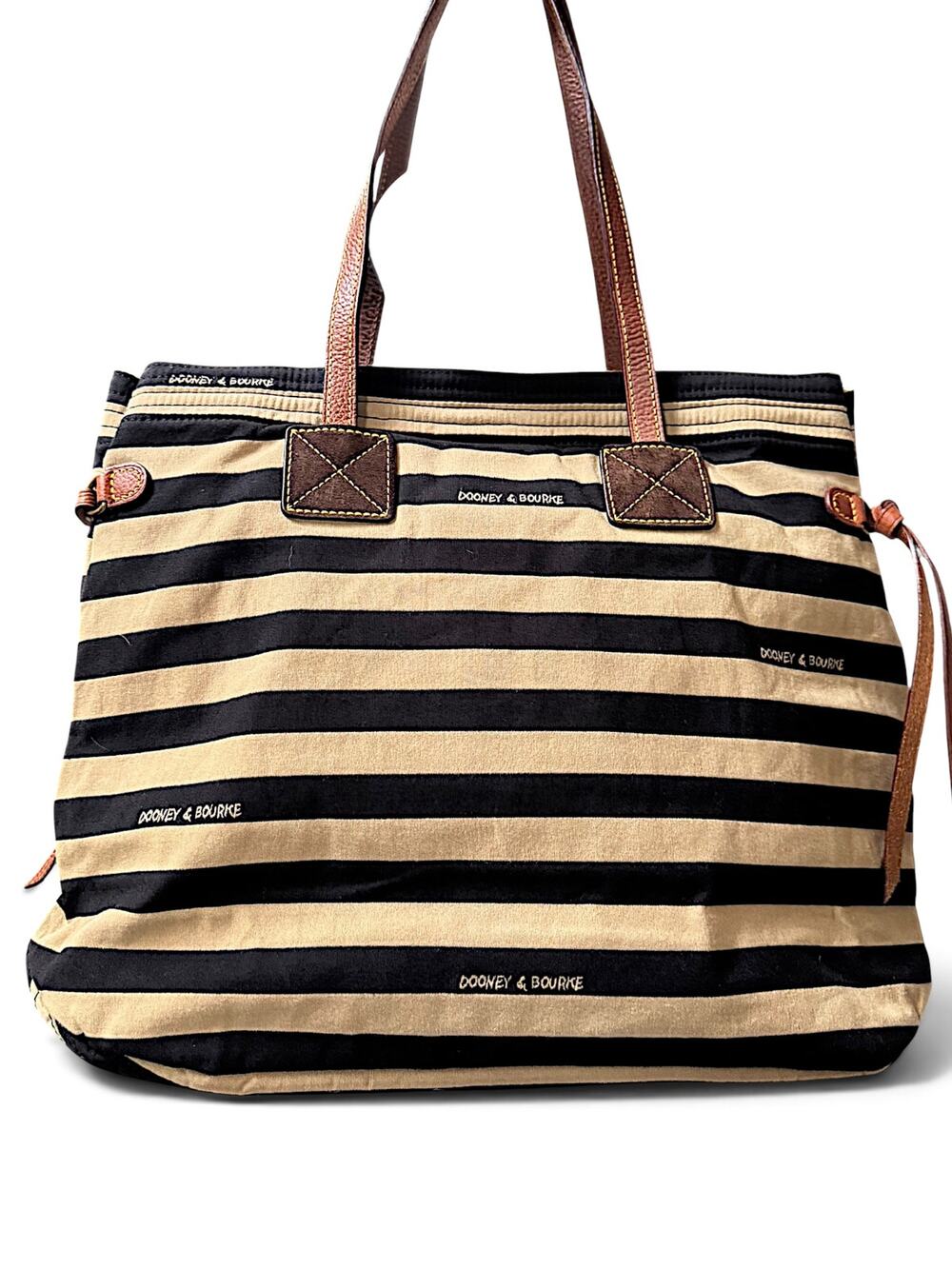 Dooney & Bourke Navy Stripe Canvas Tote Bag Pink Lining Leather Handles